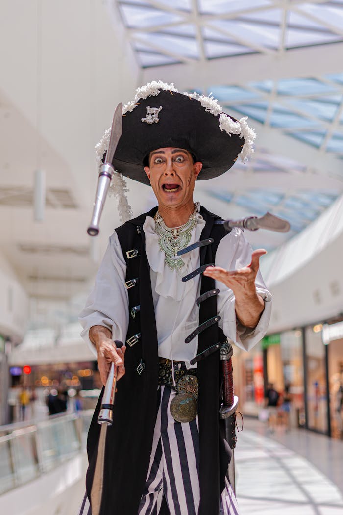 A lively pirate performer juggling swords indoors captivates shoppers.